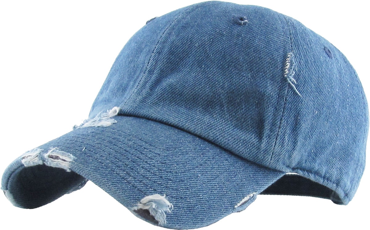 Medium Denim Distressed Vintage Baseball Cap Front Side View